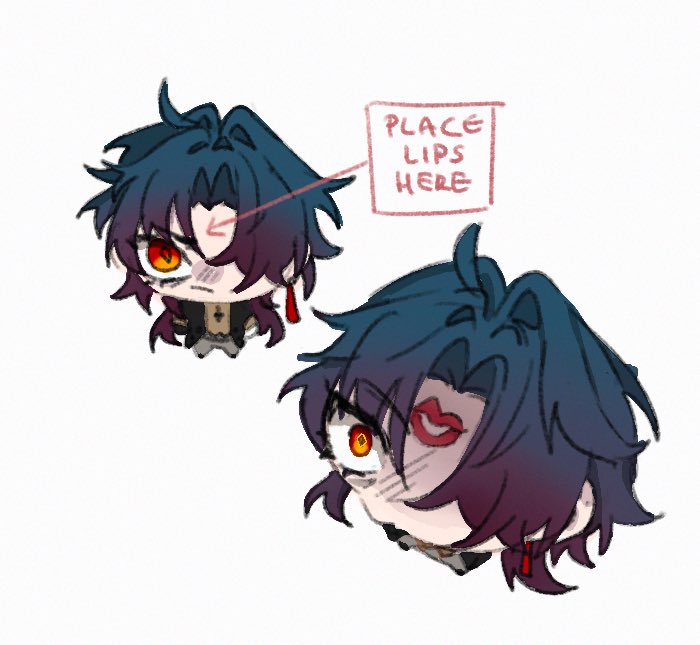 1boy ahoge angry arrow_(symbol) black_coat blade_(honkai:_star_rail) blue_hair chibi closed_mouth coat commentary dakotchi earrings english_commentary english_text from_above gradient_hair grey_pants hair_intakes hair_over_one_eye honkai:_star_rail honkai_(series) jewelry lipstick_mark_on_forehead long_hair male_focus meme multicolored_hair multiple_views one_eye_covered open_clothes open_coat orange_eyes pants parted_bangs place_lips_here_(meme) simple_background very_long_hair white_background wide-eyed