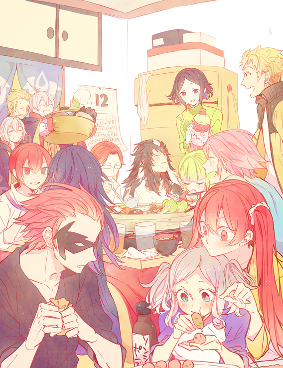 6+boys 6+girls ^_^ a082 ahoge alternate_costume animal_ears animal_print arm_up bear_print black_eyes black_hair blonde_hair blue_eyes blue_hair blunt_bangs blush bottle bowl brady_(fire_emblem) brown_hair cabinet calendar_(object) calender chin_rest chopsticks closed_eyes contemporary cup cynthia_(fire_emblem) domino_mask dual_persona eating fire_emblem fire_emblem_awakening food from_behind fur gerome_(fire_emblem) glasses gloves green_hair grey_hair hair_between_eyes hair_intakes happy head_on_head head_rest height_difference holding hood hooded_jacket indoors inigo_(fire_emblem) jacket kjelle_(fire_emblem) kotatsu ladle laurent long_hair long_sleeves lucina_(fire_emblem) male_playboy_bunny male_robin_(fire_emblem) mask morgan_(female)_(fire_emblem) morgan_(fire_emblem) multicolored_hair multiple_boys multiple_girls nah_(fire_emblem) nintendo noire_(fire_emblem) open_mouth owain_(fire_emblem) parted_bangs pectorals pink_hair pointy_ears rabbit_ears red_eyes red_hair severa_(fire_emblem) shirt short_hair short_twintails sitting sleeveless sleeveless_shirt sleeves_rolled_up smile soup sweater swept_bangs table takoyaki twintails two-tone_hair white_hair wide_sleeves yarne_(fire_emblem)