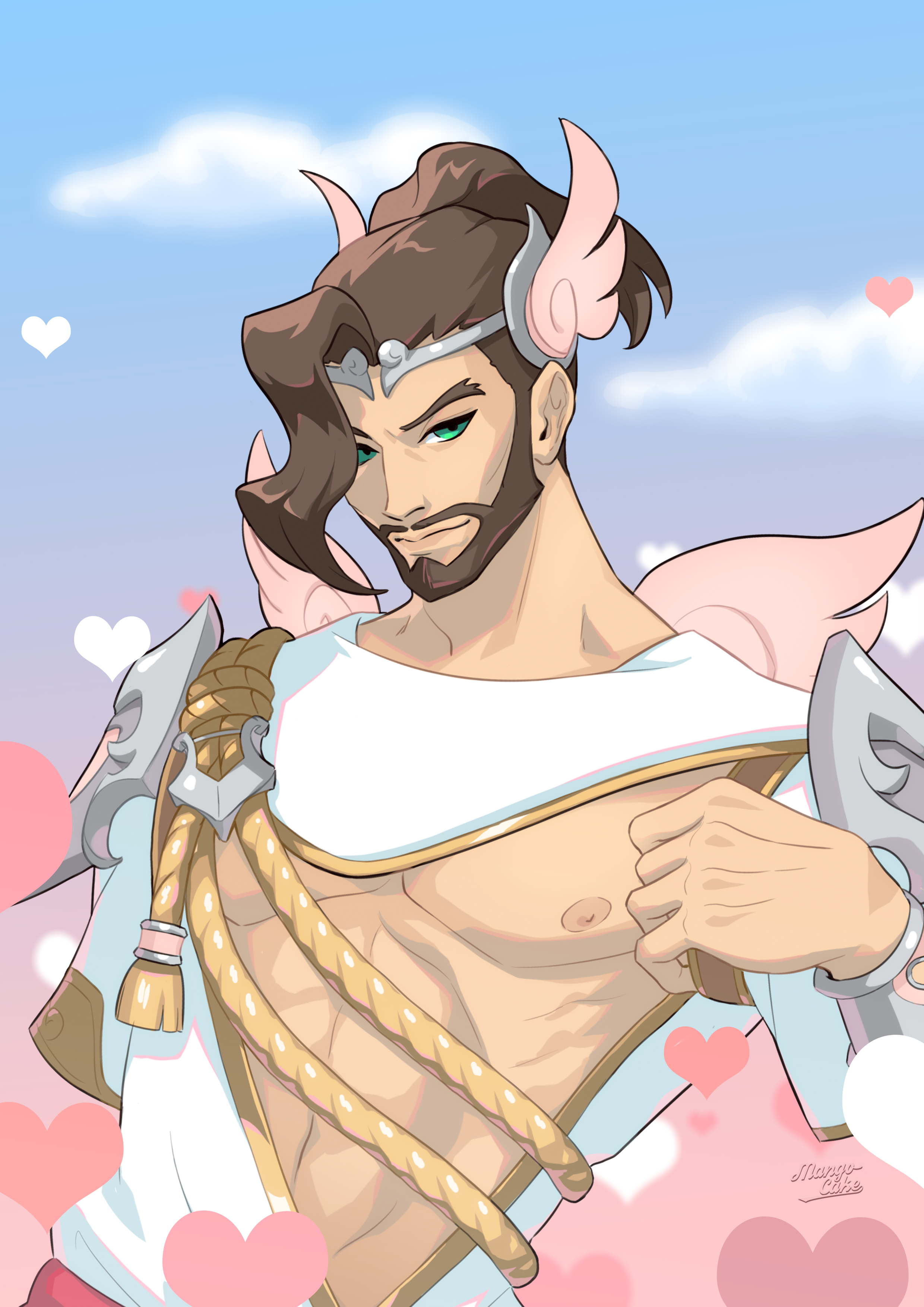 1boy abs absurdres artist_name bakemangocake beard brown_hair cloud cupid cupid_hanzo day facial_hair green_eyes hanzo_(overwatch) heart highres looking_at_viewer male_focus nipples official_alternate_costume overwatch overwatch_1 pink_wings simple_background sky solo wings