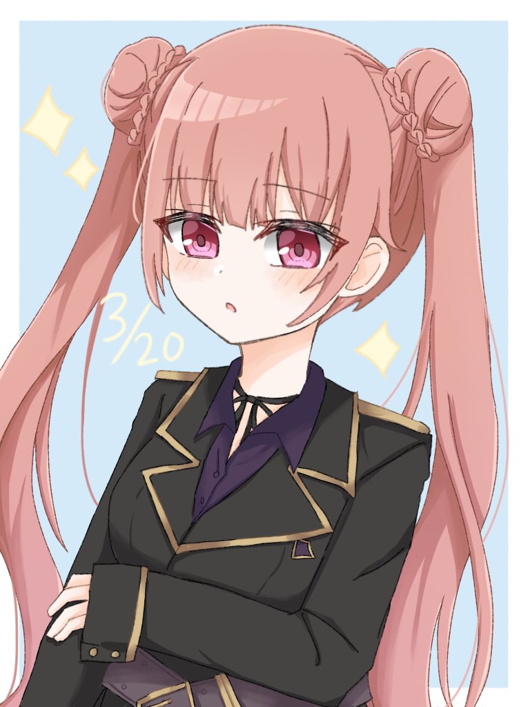 1girl arm_at_side assault_lily belt belt_buckle black_choker black_jacket blue_background blush border breasts brown_belt brown_hair buckle bun_with_braided_base choker collared_shirt commentary double_bun hair_bun hand_on_own_arm hand_up jacket long_hair long_sleeves looking_ahead medium_breasts outside_border parted_lips pink_eyes purple_shirt ribbon_choker sana_(hs_yp1) school_uniform shirt simple_background sleeves_past_wrists solo twintails upper_body very_long_hair white_border yoshihara_nanoha