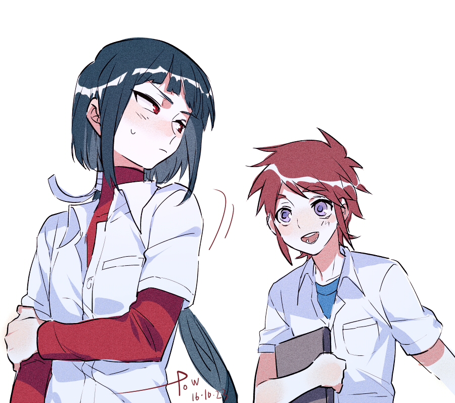 1boy 1girl :d androgynous black_hair dated embarrassed hand_on_own_arm layered_sleeves long_hair looking_back low_ponytail multiple_sleeves my-hime okuzaki_akira open_mouth ponytail purple_eyes red_eyes red_hair shirt short_hair shy signature smile tokiha_takumi towtow_redoland white_shirt