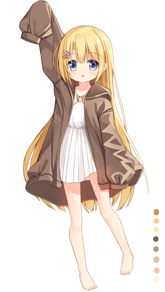 1girl arm_up barefoot blonde_hair blue_eyes brown_jacket color_guide dress flower_girl_(yuuhagi_(amaretto-no-natsu)) full_body hair_between_eyes hair_ornament hairclip hood hood_down hooded_jacket jacket long_hair long_sleeves o-ring o-ring_dress open_clothes open_jacket original puffy_long_sleeves puffy_sleeves simple_background sleeves_past_wrists solo standing standing_on_one_leg very_long_hair white_background white_dress x_hair_ornament yuuhagi_(amaretto-no-natsu)
