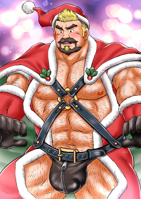 1boy abs bara bare_pectorals beard belt black_belt black_facial_hair black_gloves black_hair blonde_hair blush body_hair briefs bulge capelet chest_harness crave_saga crotch_zipper facial_hair fur-trimmed_capelet fur_trim gloves harness hat holly large_bulge large_pectorals male_focus male_underwear multicolored_hair muscular muscular_male mustache nipples noche_(crave_saga) official_alternate_costume old old_man open_clothes pectorals pikako182 red_capelet santa_costume santa_hat solo strongman_waist thick_beard thick_eyebrows thick_mustache two-tone_hair underwear zipper