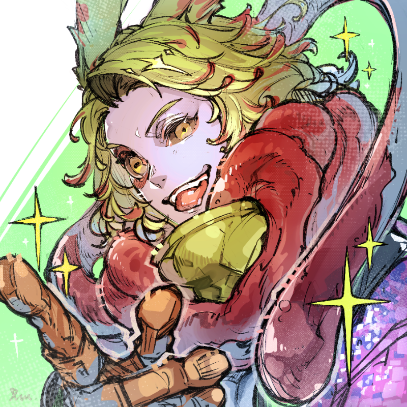 1boy :d animal_ears brown_sclera colored_sclera dadofes dancing_green final_fantasy final_fantasy_xiv green_hair horizontal_pupils looking_at_viewer male_focus open_mouth pale_skin pointing pointing_at_viewer rabbit_ears smile solo sparkle tongue_scarf viera yellow_eyes