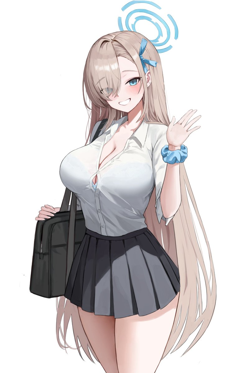 1girl asuna_(blue_archive) asuna_(school_uniform)_(blue_archive) blue_archive blue_halo blue_scrunchie breasts button_gap cleavage halo highres large_breasts official_alternate_costume personality2407 school_uniform scrunchie shirt_tucked_in simple_background solo white_background wrist_scrunchie