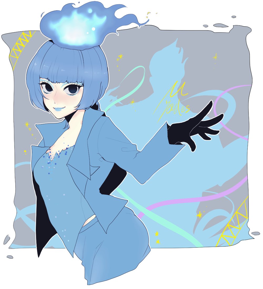 1girl animification black_gloves blue_fire blue_hair blue_lips closed_mouth disney disneyland fiery_hair fire formal_clothes gloves hades_(disney) hercules_(1997_film) lipstick long_sleeves looking_at_viewer makeup ms._hades rl10_02 short_hair simple_background solo