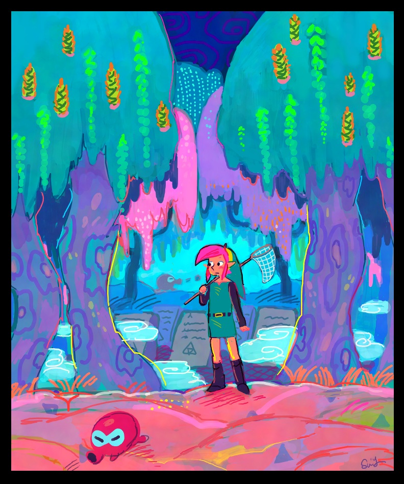 1boy black_border border full_body graveyard green_hair green_tunic link looking_to_the_side male_focus nintendo octorok outdoors over_shoulder pink_hair short_hair signature standing the_legend_of_zelda the_legend_of_zelda:_a_link_to_the_past tree tunic yumeshima_sui