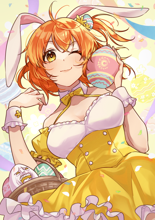1girl ahoge animal_ears breasts dress easter_egg egg fate/grand_order fate_(series) fujimaru_ritsuka_(female) ichino_tomizuki looking_at_viewer medium_breasts one_eye_closed one_side_up orange_eyes orange_hair rabbit_ears short_hair solo yellow_dress