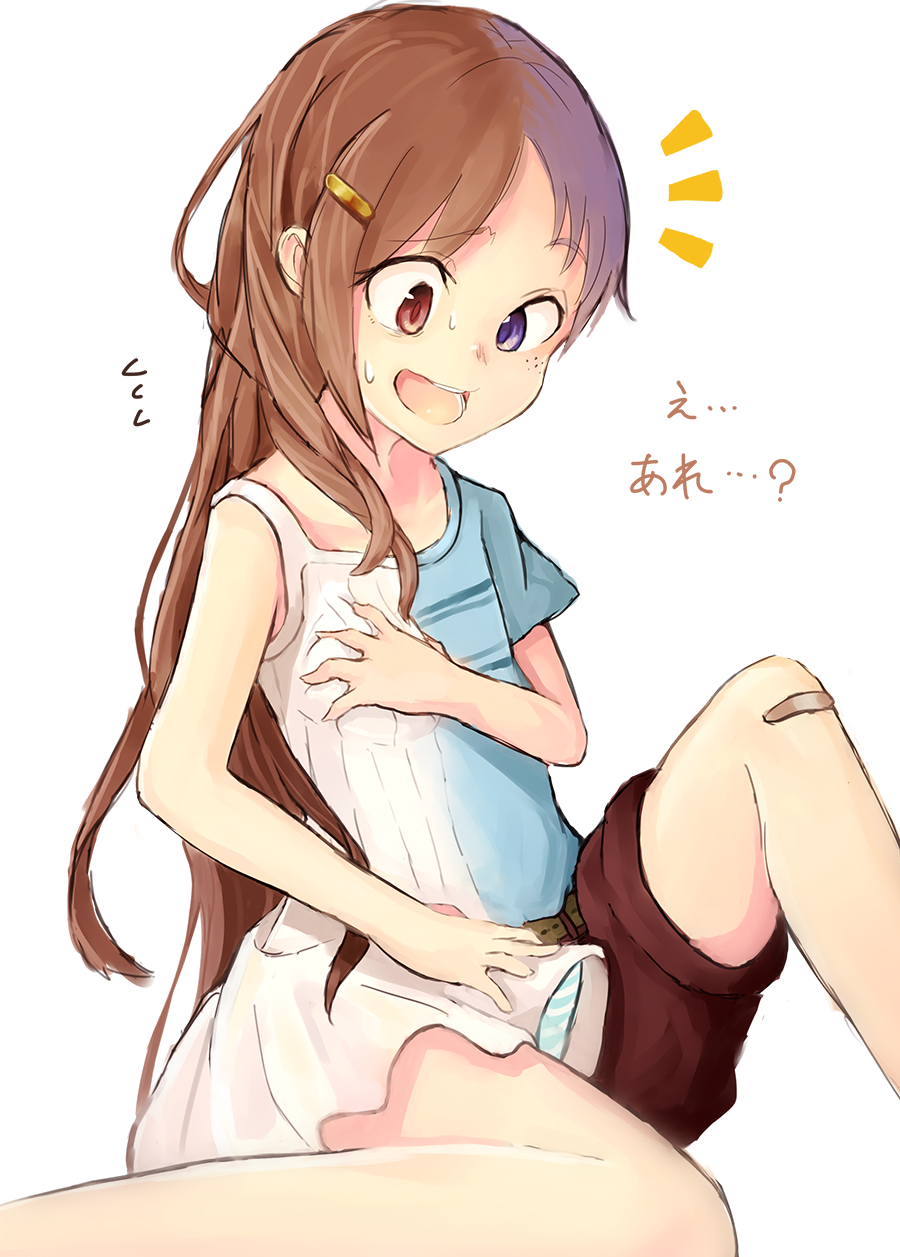 1boy 1girl bandaged_leg bandages black_hair blue_eyes blue_shirt breasts brother_and_sister brown_hair brown_shorts commentary_request dress erection flying_sweatdrops freckles fusion genderswap grabbing_own_breast gradient_hair heterochromia highres long_hair looking_at_self looking_down multicolored_hair original panties red_eyes rufsnart shirt shorts siblings simple_background small_breasts smile striped_clothes striped_panties sweat underwear white_background white_dress worried
