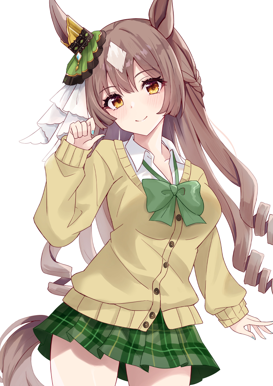 1girl alternate_costume animal_ears breasts brown_hair closed_mouth collarbone commentary_request fingernails hair_between_eyes hair_ornament highres horse_ears horse_girl horse_tail large_breasts long_hair looking_at_viewer nasupon_54115 satono_diamond_(umamusume) school_uniform simple_background smile solo tail umamusume white_background
