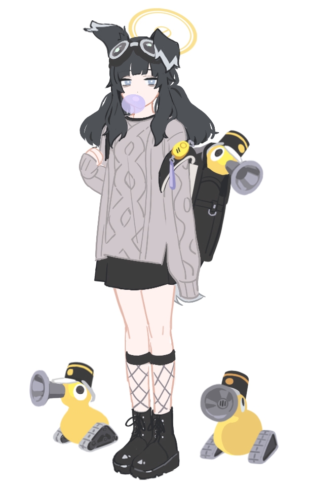 1girl alternate_costume animal_ears backpack bag bird black_boots black_hair blowing_bubble_gum blowing_bubbles blue_archive blunt_bangs boots chewing_gum commentary_request concept_art crime_prevention_buzzer dog_ears dog_tail duck eyewear_on_head full_body goggles goggles_on_head halo hibiki_(blue_archive) long_hair mimitoke mouth_hold purple_eyes randoseru simple_background solo sweater tail toy twintails white_background