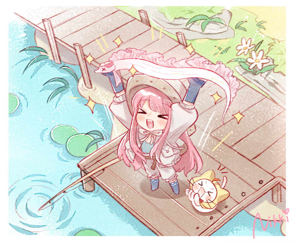 &gt;_&lt; 1girl afterimage ahoge animal arms_up artist_request backpack bag belt blue_arm_warmers blue_footwear blue_shirt blunt_bangs boots border brown_bag brown_belt brown_hat brown_jacket brown_pants brown_ribbon cat chibi clapping cloak clothed_animal copyright_name daisy_(flower) day dock dot_nose ear_covers eel excited fish fishing_rod flower frilled_pants frills from_above grass hat holding holding_animal holding_fish hood hood_up hooded_cloak in-universe_location infinity_nikki jacket lake light_blush lily_pad long_hair long_sleeves momo_(nikki) motion_lines neck_ribbon nikki_(nikki) nikki_(series) notice_lines official_art open_clothes open_jacket open_mouth outdoors pants pink_hair pink_ribbon_eel_(infinity_nikki) pocket puffy_long_sleeves puffy_sleeves ribbon ribbon-trimmed_headwear ribbon_trim ripples rippling_serenity_(infinity_nikki) second-party_source shirt sidelocks smile sparkle teeth upper_teeth_only very_long_hair wavy_hair whiskers white_border white_cat white_flower yellow_cloak