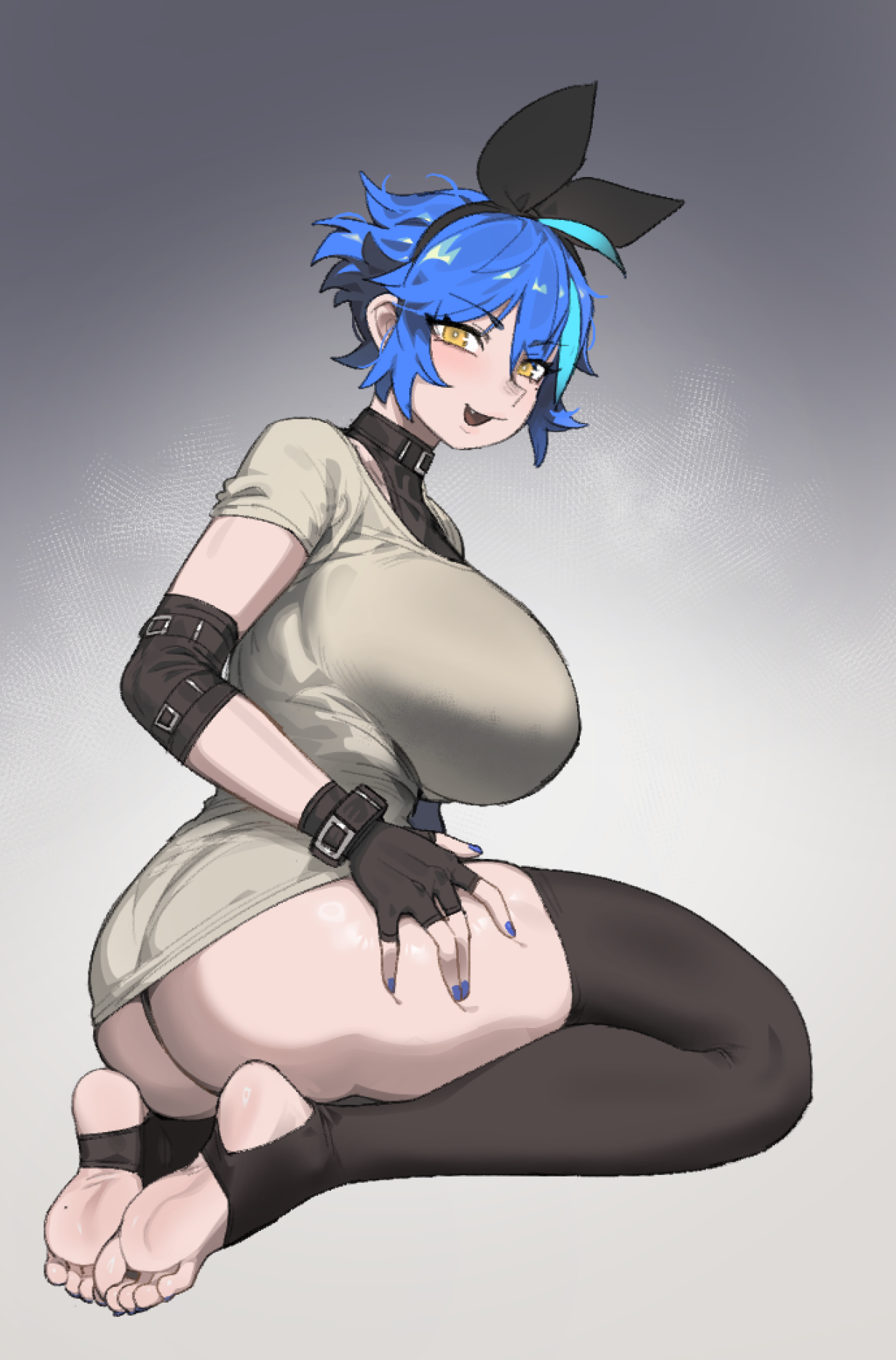 1girl ass barefoot blue_hair breasts dif_(difman) difman feet fingerless_gloves gloves hairband highres large_breasts light_blush looking_at_viewer open_mouth original seiza short_hair sitting soles stirrup_legwear toeless_legwear toes yellow_eyes