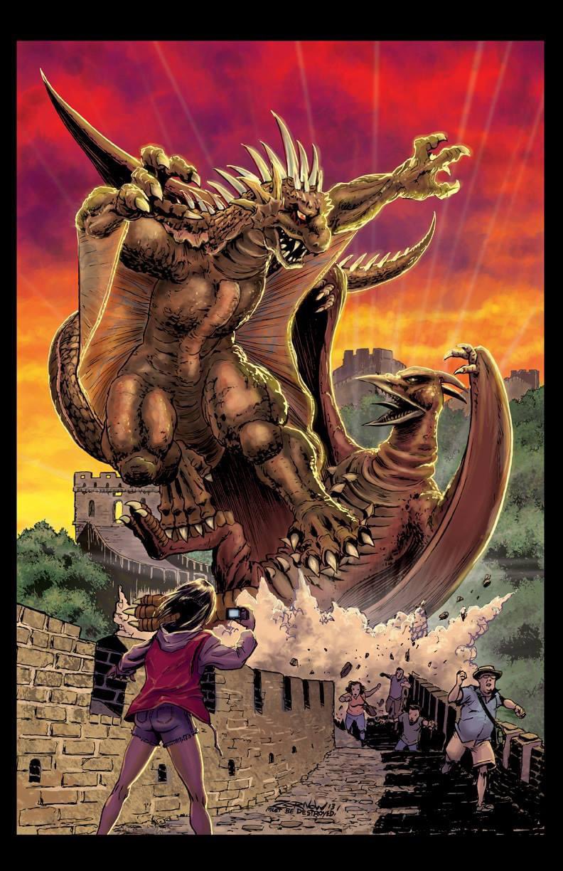 2girls 3boys ass beak camera claws destroy_all_monsters destruction dinosaur dusk dust giant giant_monster godzilla_(series) great_wall_of_china highres horns jeff_zornow kaiju membrane monster multiple_boys multiple_girls official_art open_mouth patagium pteranodon pterosaur real_world_location rodan rodan_(movie) sharp_teeth tail teeth toho tongue tree varan varan_(film) wings