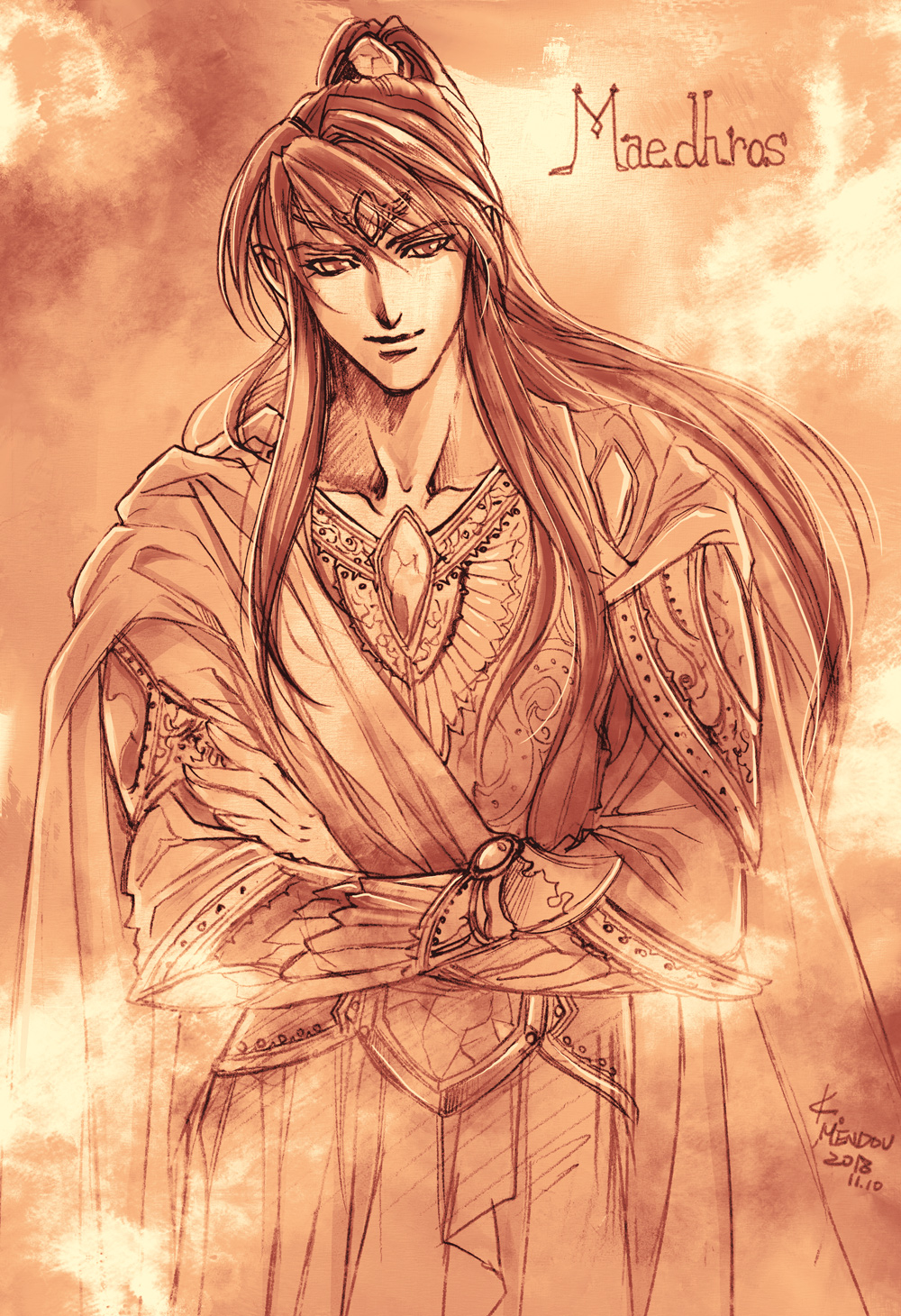 1boy armor bracer brown_theme cape character_name circlet closed_mouth dated head_tilt highres kazuki-mendou maedhros male_focus monochrome one-hour_drawing_challenge ponytail revision signature smile solo the_silmarillion tolkien&#039;s_legendarium tolkien&#039;s_legendarium traditional_media