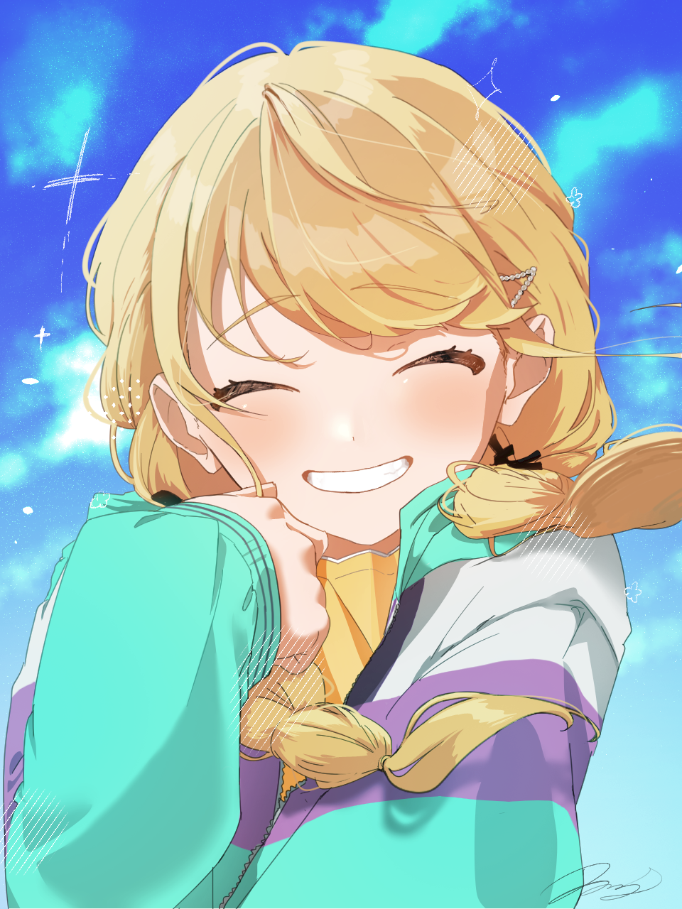 1girl ^_^ black_ribbon blonde_hair blush braid closed_eyes commentary facing_viewer floating_hair fujita_kotone gakuen_idolmaster hair_ribbon highres idolmaster jacket long_hair marimaru_sama multicolored_jacket ribbon shirt signature smile solo twin_braids upper_body yellow_shirt