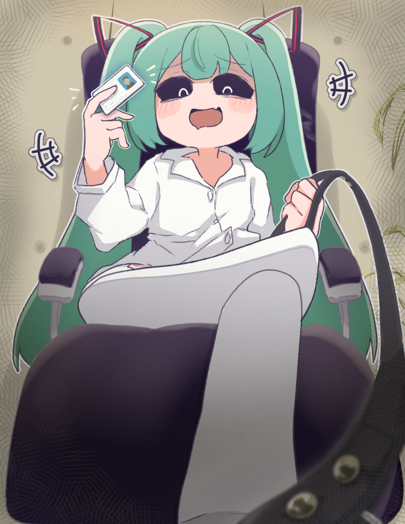 1girl belt black_belt black_sclera blush_stickers buttons chair collared_shirt colored_sclera fang from_below hatsune_miku holding holding_belt holding_id_card long_hair looking_at_viewer mesugaki mimukauwa_nice_try_(vocaloid) open_mouth outline pov ryusei_wuraha shirt sidelocks sitting skin_fang smug solo thighhighs twintails vocaloid white_eyes white_outline white_shirt white_thighhighs