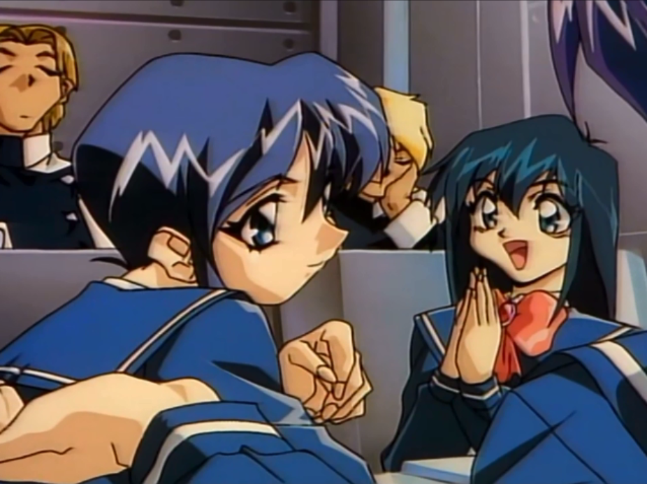 1990s_(style) 2boys 2girls blonde_hair blue_eyes blue_hair bored choujin_gakuen_gowcaizer classroom desk multiple_boys multiple_girls oobari_masami retro_artstyle school_desk school_uniform screencap smiley_face son_karin