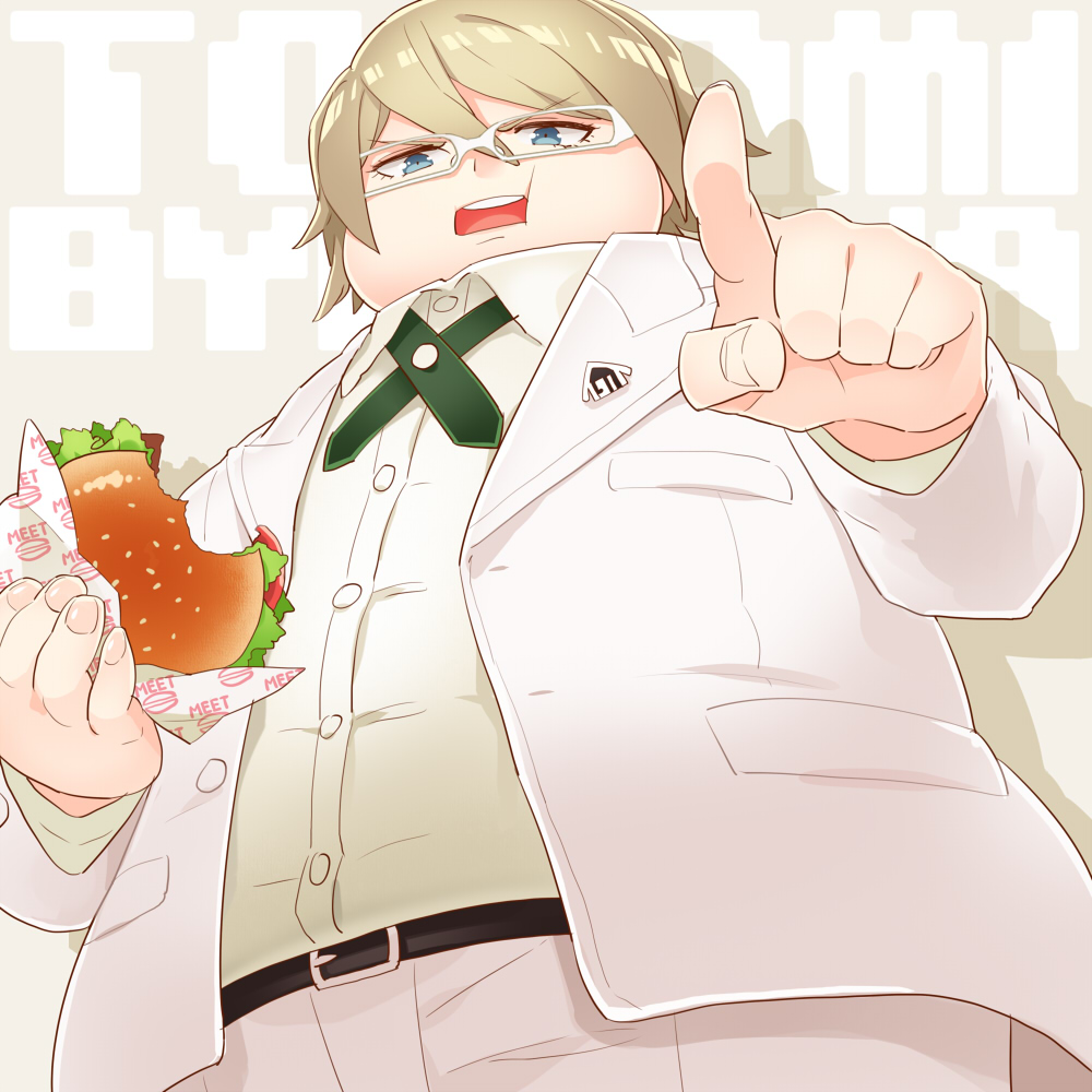 10s belt blonde_hair blue_eyes coat danganronpa_(series) glasses gumidemo_kandero male_focus open_clothes open_mouth fat pants shirt short_hair danganronpa_2:_goodbye_despair teeth togami_byakuya