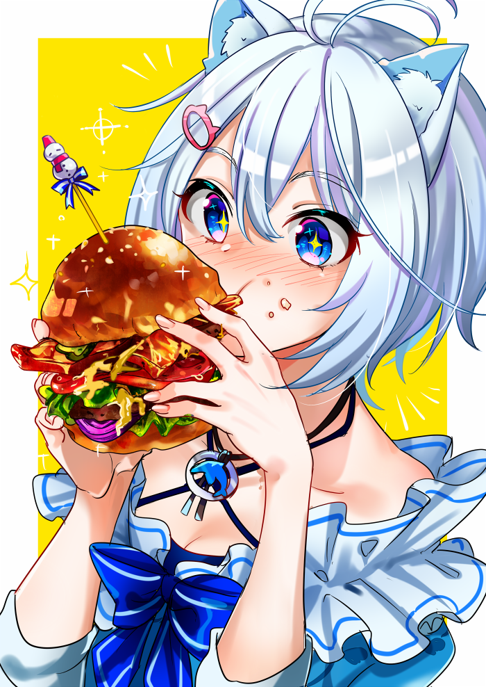 +_+ .live 1girl animal_ears antenna_hair blue_bow blue_dress blue_eyes blush bow breasts burger cat_ears cleavage collarbone dennou_shoujo_siro dolphin_pendant dress eating female_focus food food_on_face gel_(nukoleg) hair_between_eyes hair_ornament hairclip holding holding_food long_sleeves short_hair silver_hair sketch snowman solo tomato virtual_youtuber yellow_background
