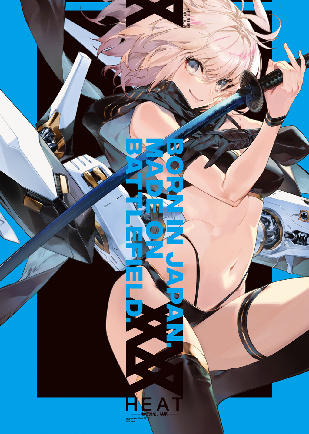 1girl bikini blonde_hair commission cover fate/grand_order fate_(series) female_focus gloves highres katana kodama_(wa-ka-me) looking_at_viewer okita_j._souji_(fate) okita_j._souji_(first_ascension)_(fate) okita_souji_(fate) okita_souji_(koha-ace) scarf single_glove smile solo swimsuit sword thigh_strap thighhighs weapon yellow_eyes