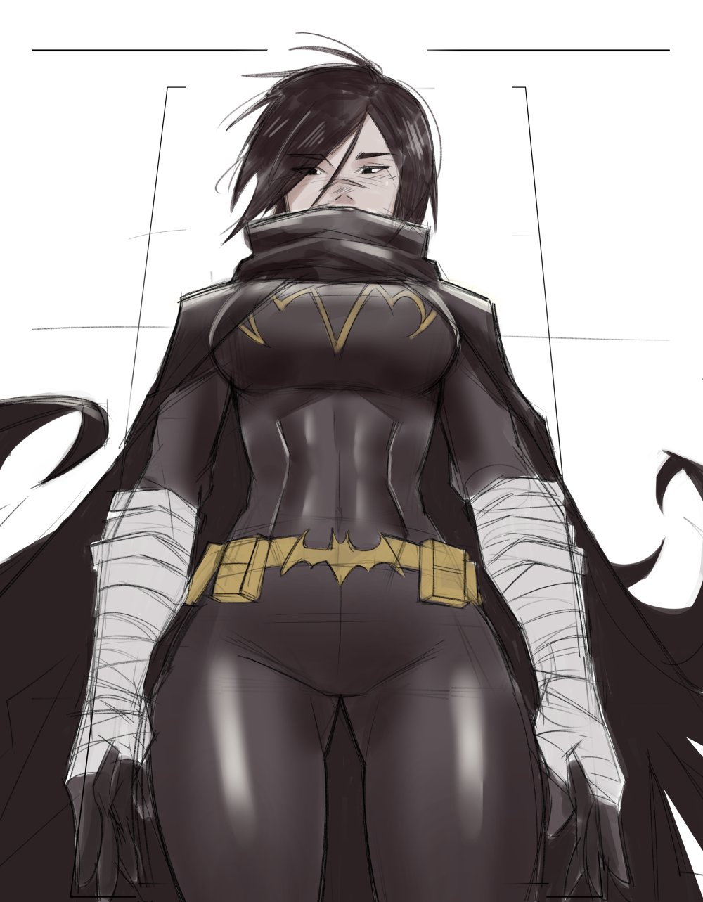 1girl animal_print animification bandaged_wrists bat_print batgirl batman_(series) belt black_hair bodysuit breasts cape cassandra_cain commentary covered_navel dc_comics from_below highres looking_at_viewer medium_breasts rosetoya short_hair solo superhero_costume utility_belt