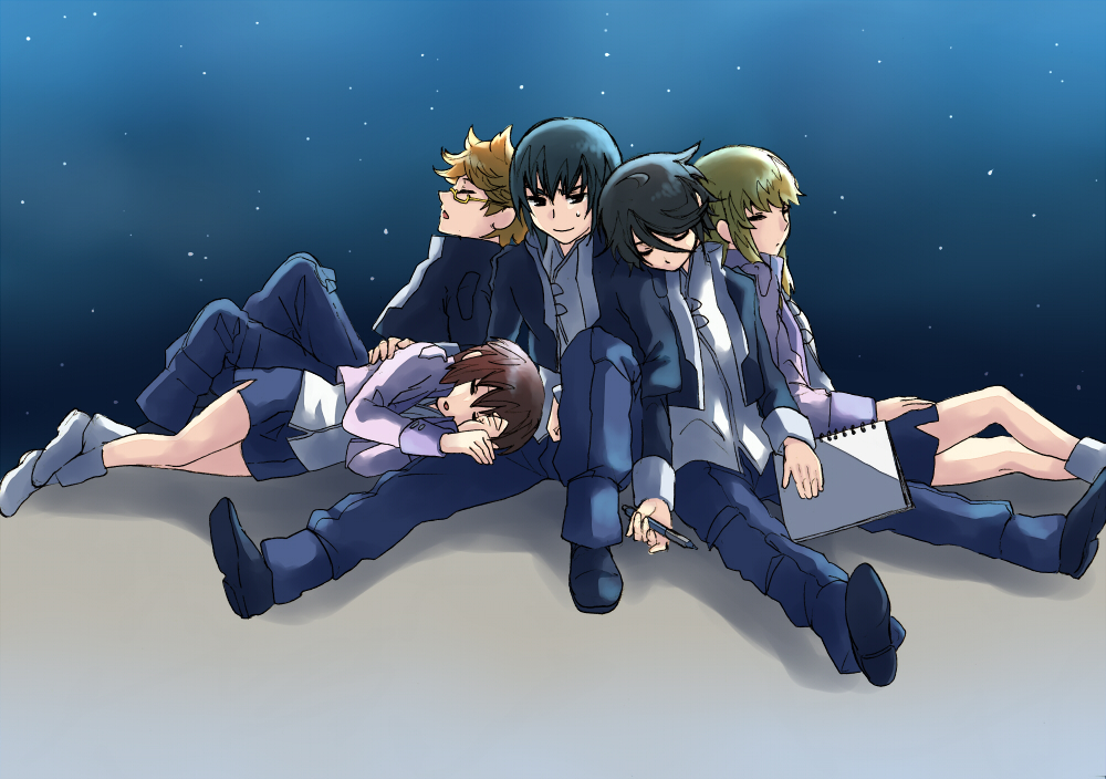 10s 2girls 3boys asagi_toshikazu hitachi_izuru irie_tamaki kugimiya_kei long_hair majestic_prince multiple_boys multiple_girls open_mouth pencil short_hair sleeping suruga_ataru