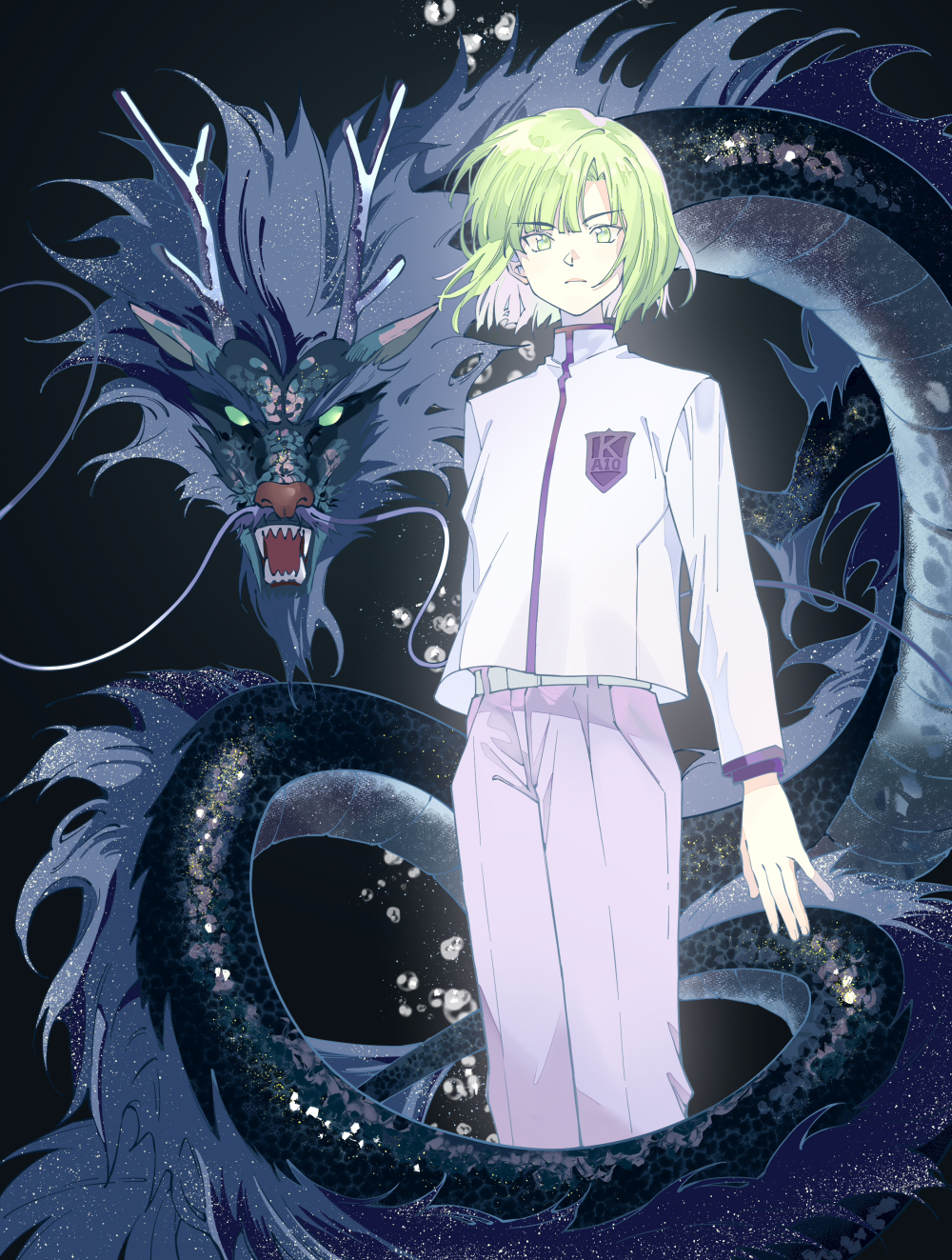 1boy belt black_background bob_cut bubble cyhgm dragon eastern_dragon feet_out_of_frame green_eyes green_hair highres hikaru_no_go jacket long_sleeves looking_at_viewer male_focus pants purple_pants school_uniform short_hair simple_background standing touya_akira white_jacket