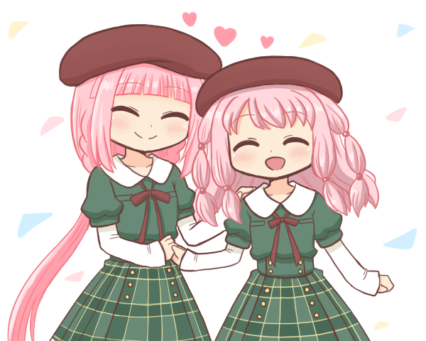 2girls :d ^_^ bad_id bad_twitter_id beret blunt_bangs blush braid brown_hat buttons closed_eyes closed_mouth collared_shirt cosplay dot_nose facing_viewer green_shirt green_skirt happy hat heart holding_hands juliet_sleeves layered_sleeves long_hair long_sleeves magia_record:_mahou_shoujo_madoka_magica_gaiden mahou_shoujo_madoka_magica multiple_girls neck_ribbon open_mouth pink_hair plaid_clothes plaid_skirt puffy_short_sleeves puffy_sleeves red_ribbon reverse_(bluefencer) ribbon school_uniform shirt short_over_long_sleeves short_sleeves siblings sidelocks simple_background sisters skirt smile st._liliana&#039;s_academy_school_uniform tamaki_iroha tamaki_ui very_long_hair white_background white_shirt