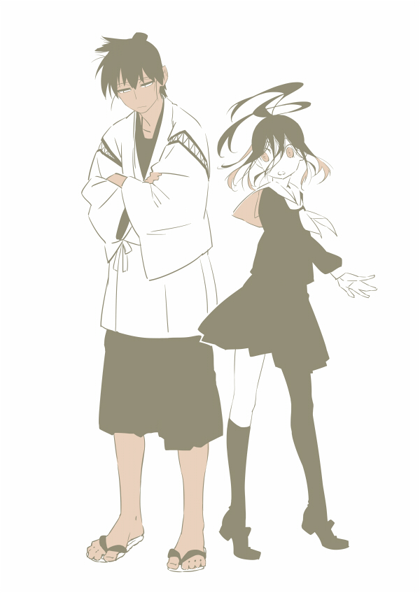 1boy 1girl black_footwear black_hair black_hakama black_skirt black_socks closed_mouth dark-skinned_male dark_skin dress full_body hakama hakama_shorts japanese_clothes kneehighs kyousai leuco long_hair nurarihyon_no_mago ponytail red_eyes sailor_collar sailor_dress sandals shorts simple_background skirt socks standing toes torii_natsumi white_background