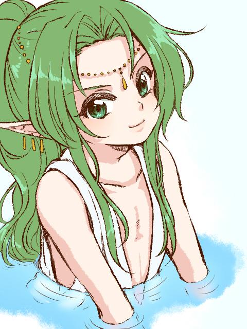 1boy closed_mouth forneus green_eyes green_hair long_hair looking_at_viewer male_focus pointy_ears romancing_saga_3 saga sm156 smile solo trap water