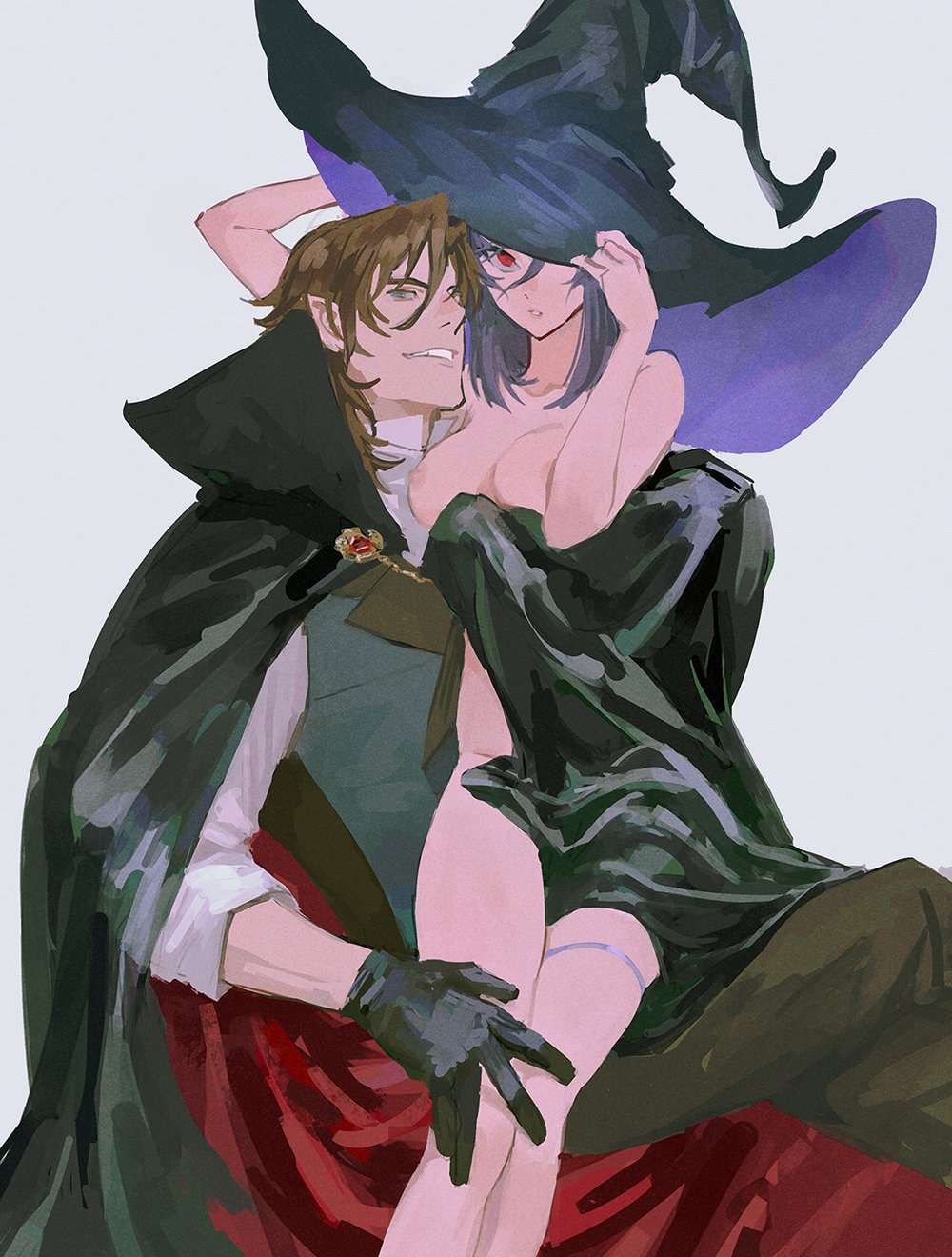 1boy 1girl arms_up bare_shoulders black_cape black_gloves black_headwear breasts brown_hair cape clothed_male_nude_female collarbone collared_cape collared_shirt couple from_side genderswap genderswap_(mtf) gloves green_eyes gundam gundam_00 hair_between_eyes hat hetero highres huangdanlan hug lockon_stratos looking_at_viewer medium_hair nipples nude one_eye_covered parted_lips pointy_ears purple_hair purple_headwear red_eyes shirt sitting sleeves_rolled_up smile teeth thigh_strap tieria_erde two-tone_headwear vampire white_shirt witch_hat