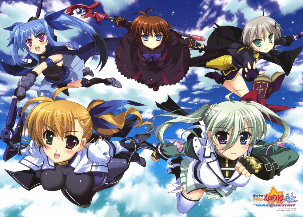 10s 5girls :d aged_up belt_bra black_thighhighs black_wings blonde_hair blue_eyes blush bodysuit book boots brown_hair cape cloud copyright_name cross dress einhard_stratos fingerless_gloves flying frown fujima_takuya gloves green_eyes green_hair hair_ribbon heterochromia jacket long_hair luciferion lyrical_nanoha mahou_shoujo_lyrical_nanoha mahou_shoujo_lyrical_nanoha_a&#039;s mahou_shoujo_lyrical_nanoha_a&#039;s_portable:_the_battle_of_aces mahou_shoujo_lyrical_nanoha_a&#039;s_portable:_the_gears_of_destiny mahou_shoujo_lyrical_nanoha_vivid lord_dearche levi_the_slasher stern_the_destructor multicolored_hair multiple_girls multiple_wings open_mouth purple_eyes red_eyes ribbon short_hair side_ponytail silver_hair skirt sky smile staff thighhighs tome_of_the_purple_sky twintails two-tone_hair vivio vulnificus wings yersiniakreuz