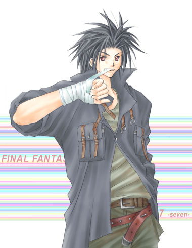 1boy bandaged_hand bandages belt black_hair black_jacket brown_belt brown_eyes copyright_name cowboy_shot final_fantasy final_fantasy_vii green_pants green_shirt grin high_collar jacket long_hair lowres male_focus mouth_hold multiple_belts pants rendezvous second-party_source shirt smile solo spiked_hair striped_background teeth_hold upper_body zack_fair