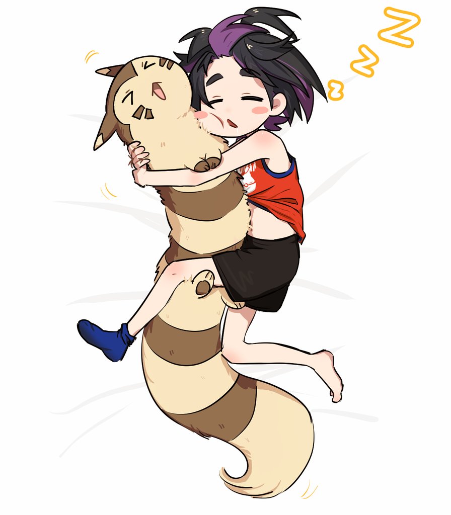 &gt;_&lt; 1boy black_hair black_shorts blue_socks blush_stickers closed_eyes full_body furret gen_2_pokemon hug kieran_(pokemon) lying multicolored_hair nintendo on_side open_mouth pokemon pokemon_(creature) pokemon_sv purple_hair red_tank_top shorts simple_background single_sock sleeping socks ssyrgxb tank_top white_background zzz