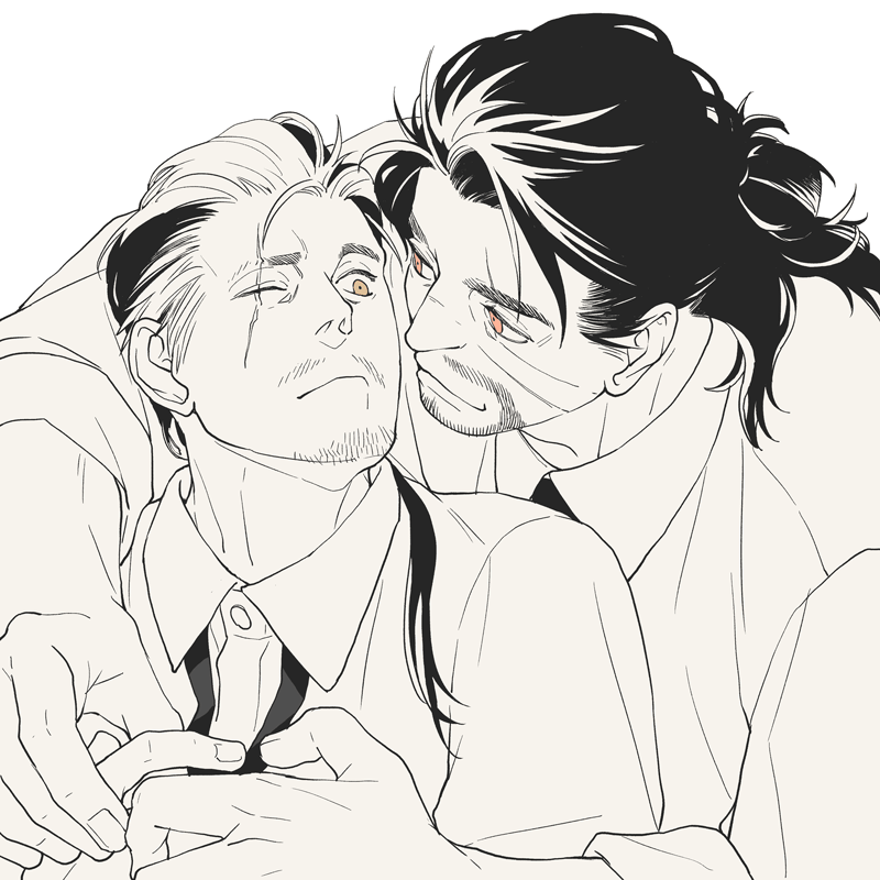 2boys 4100 alternate_universe auron bara brown_eyes dress_shirt eye_contact facial_hair final_fantasy final_fantasy_x holding_hands hug hug_from_behind imminent_kiss jecht long_hair looking_at_another loose_necktie male_focus mature_male multicolored_hair multiple_boys necktie one_eye_closed partially_colored ponytail red_eyes scar scar_across_eye scar_on_face shirt sleeves_rolled_up two-tone_hair white_background white_hair yaoi
