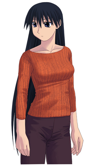 1girl arms_at_sides azuma_kiyohiko azumanga_daiou bad_id black_hair blue_eyes border brown_pants casual collarbone cover cover_page expressionless hair_between_eyes long_hair long_sleeves looking_afar looking_to_the_side manga_cover official_art orange_sweater pants ribbed_sweater sakaki_(azumanga_daioh) simple_background solo sweater manga_cover very_long_hair white_background white_border
