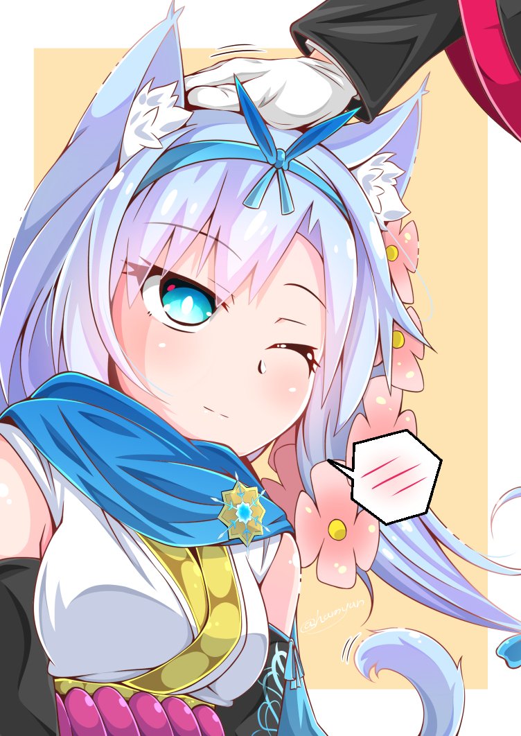1boy 1girl animal_ears arm_warmers bare_shoulders black_coat blue_eyes blue_hair blue_hairband blue_scarf bow_hairband cat_ears cat_tail closed_mouth coat commentary_request flower gloves hair_flower hair_ornament hairband hamiyun headpat japanese_clothes kimono kousetsu_samonji_(tenka_hyakken) light_blue_hair long_sleeves motion_lines one_eye_closed original_captain_(tenka_hyakken) parted_bangs rope scarf shimenawa side_ponytail smile snowflake_brooch spoken_blush tail tenka_hyakken upper_body white_gloves white_kimono yellow_background