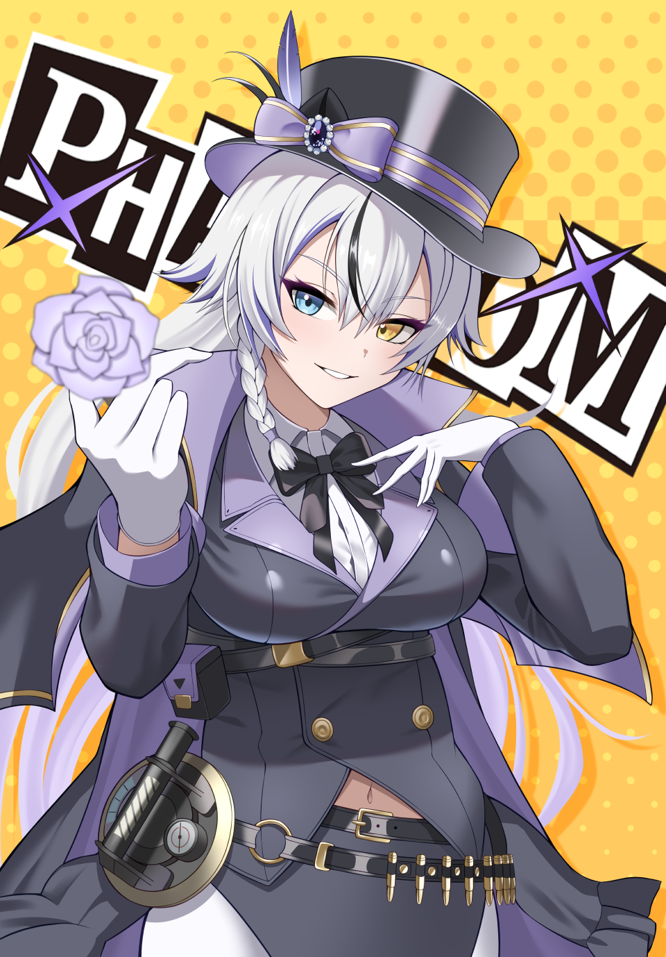 1girl black_hat black_necktie flower gloves goddess_of_victory:_nikke grey_hair hat heterochromia highres latex latex_gloves mask multicolored_hair murakumi883 navel necktie phantom_(nikke) purple_flower smile solo streaked_hair