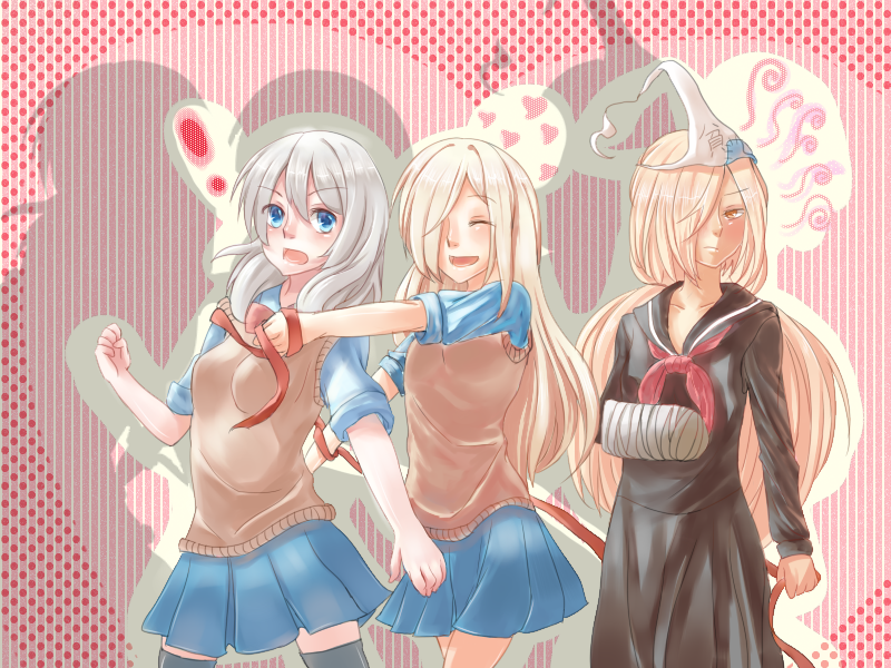! 10s 3girls binbougami_ga! blonde_hair blue_eyes blush breasts cast dual_persona envy hair_over_one_eye heart hug hug_from_behind long_hair miniskirt momiji_(binbougami_ga!) multiple_girls pleated_skirt ponytail red_ribbon ribbon sakura_ichiko school_uniform seiko. serafuku silver_hair skirt sweater_vest thighhighs triangular_headpiece very_long_hair yellow_eyes