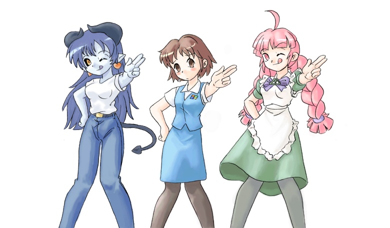3girls :q ;p astaroth_(shinrabanshou) belt black_legwear black_sclera blue_hair blue_skin blush braid brown_hair casual colored_sclera colored_skin crossover demon_tail denim dress earrings futaba_channel hand_on_own_hip heart heart_earrings horns jeans jewelry jinki long_hair looking_at_viewer maid multiple_girls office_lady one_eye_closed pants pantyhose parody pencil_skirt pink_hair pointing shinrabanshou shirt short_hair simple_background skirt smile t-shirt tail tongue tongue_out twin_braids we-tan white_background wink yamada-san