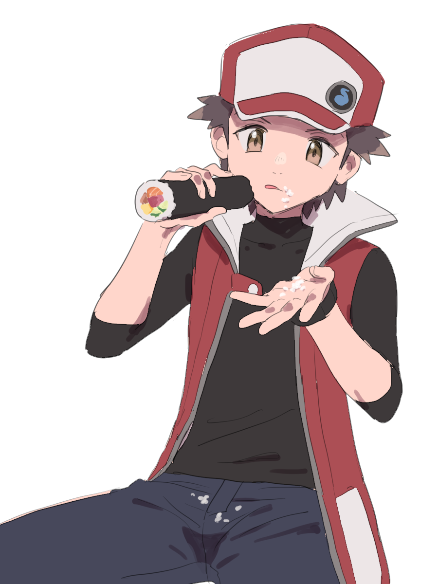 1boy black_shirt brown_eyes brown_hair commentary_request ehoumaki food food_on_face game_freak hat highres howling makizushi male_focus messy nintendo pokemon pokemon_masters_ex pumpkinpan red_(pokemon) red_(sygna_suit)_(pokemon) red_hat red_vest rice shirt sitting solo sushi tongue tongue_out turtleneck turtleneck_shirt vest