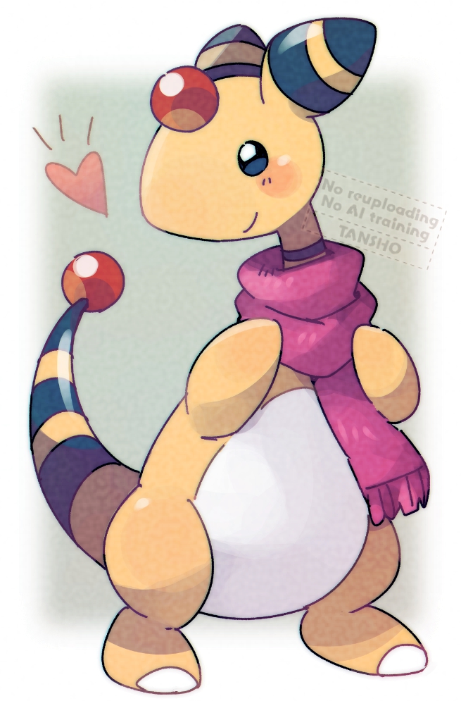 ampharos artist_name blush closed_mouth clothed_pokemon commentary_request full_body gen_2_pokemon heart nintendo no_humans pokemon pokemon_(creature) pokemon_focus purple_scarf scarf smile solo standing tansho
