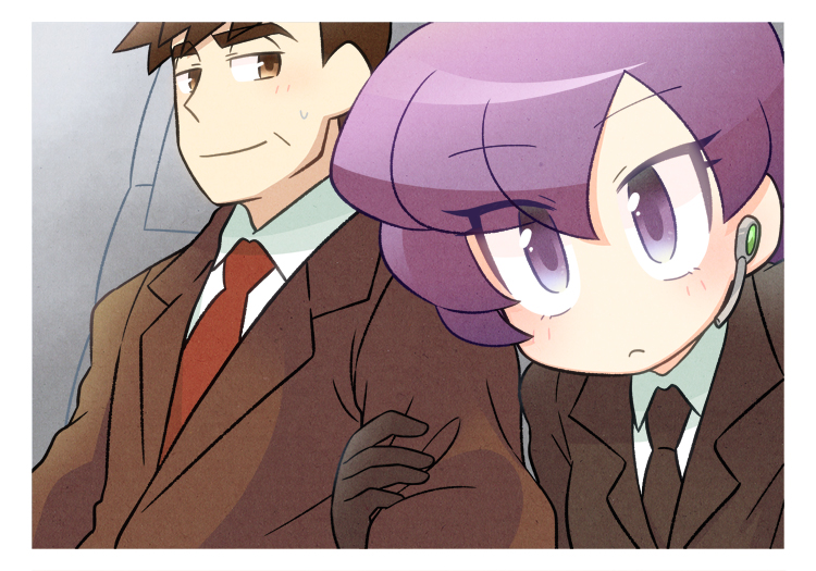 1boy 1girl anabel_(pokemon) black_jacket black_necktie border brown_coat brown_hair closed_mouth coat eyelashes headset holding_another&#039;s_arm jacket looker_(pokemon) looking_at_viewer mietsuba necktie nintendo pokemon pokemon_(creature) pokemon_sm purple_eyes purple_hair red_necktie white_border