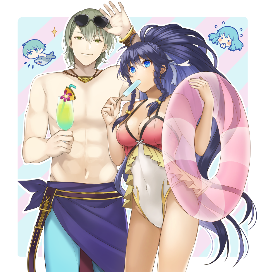 2boys 2girls abs aqua_hair aym_(ash3ash3ash) blue_eyes blue_hair border bracelet breasts brother_and_sister cleavage commentary_request covered_navel cup drinking_glass drinking_straw eirika_(fire_emblem) ephraim_(fire_emblem) eyewear_on_head fire_emblem fire_emblem:_the_sacred_stones fire_emblem_heroes green_eyes green_hair holding holding_cup holding_swim_ring innertube innes_(fire_emblem) innes_(flawless_form)_(fire_emblem) jewelry long_hair looking_at_viewer multiple_boys multiple_girls navel nintendo one-piece_swimsuit pink_innertube pink_one-piece_swimsuit ponytail shark short_hair siblings simple_background smile sunglasses swim_ring swimsuit tana_(fire_emblem) tana_(noble_and_nimble)_(fire_emblem) towel two-tone_swimsuit very_long_hair white_border white_one-piece_swimsuit