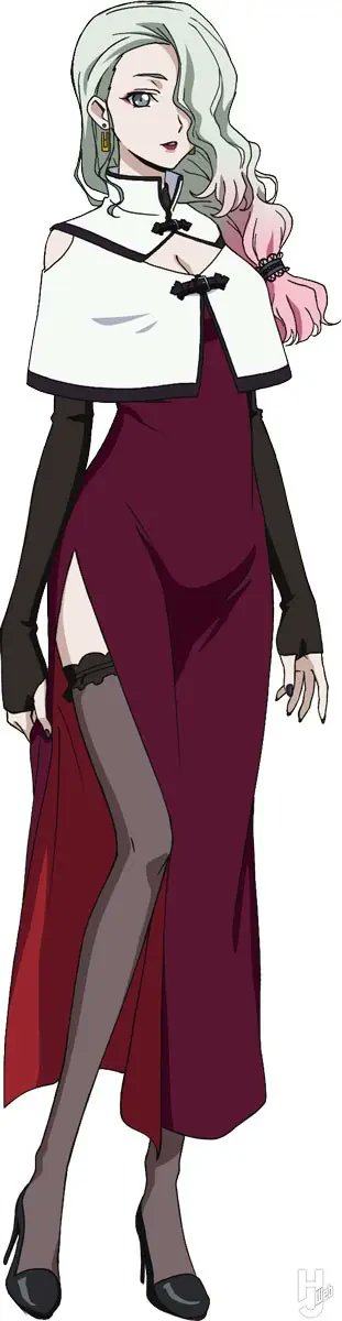 1girl breasts cleavage code_geass dress earrings hair_over_one_eye high_heels highres jewelry long_hair pantyhose solo thighhighs