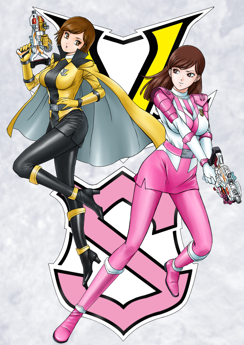 2girls brown_hair hayami_umika iwa kaitou_sentai_lupinranger_vs._keisatsu_sentai_patranger maskless multiple_girls myoujin_tsukasa plasma_blaster plasma_gun purple_eyes super_sentai