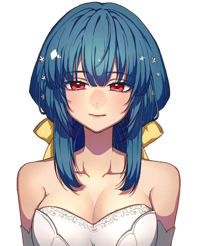 1girl bare_shoulders blue_hair breasts cleavage closed_mouth collarbone dizzy_(guilty_gear) dress ebi_pri_shrimp flower guilty_gear guilty_gear_strive hair_between_eyes hair_flower hair_ornament hair_ribbon large_breasts long_hair looking_at_viewer red_eyes ribbon sidelocks simple_background solo upper_body wedding_dress white_background