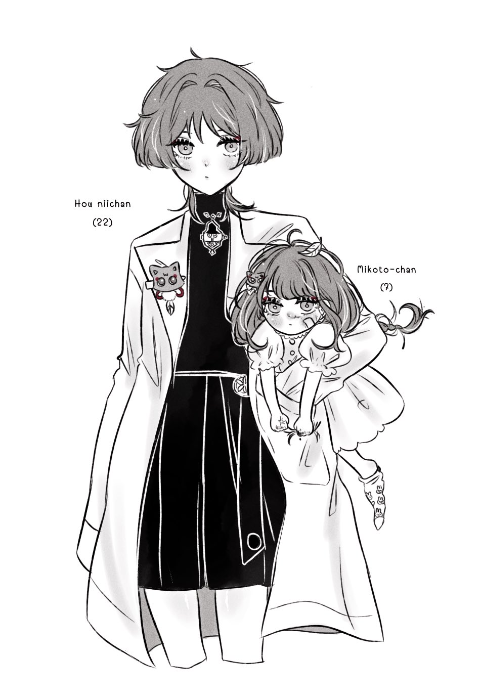 1boy 1girl adapted_costume aged_down alternate_costume alternate_universe anger_vein arm_at_side blunt_bangs blunt_ends blush brother_and_sister carrying carrying_under_arm casual cat_hair_ornament character_age character_name closed_mouth coat contemporary cropped_legs dress eyelashes eyeliner eyeshadow genshin_impact greyscale hair_intakes hair_ornament hakama hakama_shorts hand_in_pocket highres japanese_clothes lapels leaf leaf_on_head long_hair looking_at_viewer loose_socks low-braided_long_hair low-tied_long_hair makeup mimacbr monochrome open_clothes open_coat puffy_sleeves raiden_shogun red_eyeliner red_eyeshadow scaramouche_(cat)_(genshin_impact) scaramouche_(genshin_impact) shirt shorts siblings sleeves_past_fingers sleeves_past_wrists socks spot_color swept_bangs turtleneck turtleneck_shirt undershirt wanderer_(genshin_impact) wispy_bangs