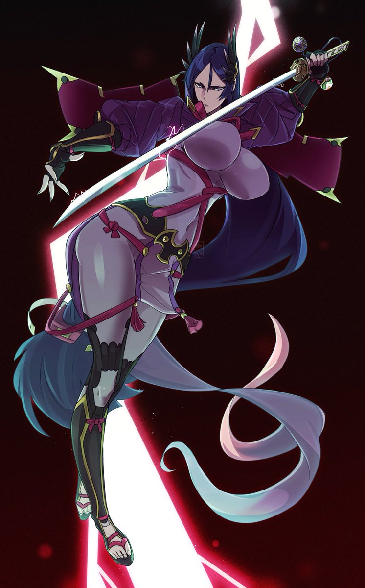 armor bodysuit breasts commission cube_hair_ornament fate/grand_order fate_(series) fingerless_gloves gloves hair_ornament highres japanese_armor kamuify katana large_breasts lightning long_hair low-tied_long_hair minamoto_no_raikou_(fate) purple_bodysuit purple_eyes purple_hair ribbed_sleeves sword weapon